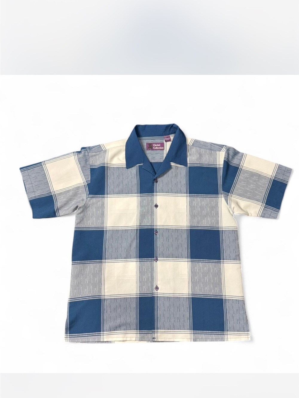 90s Classic Blue & Cream Plaid Short-Sleeve Button-Down Shirt